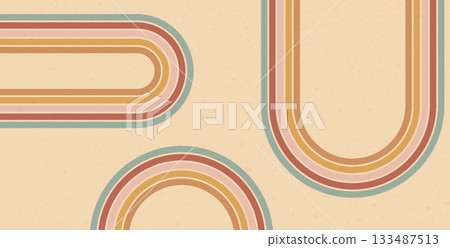 Groovy rainbow lines path background. Horizontal retro banner with arch boho stripes abstract pattern. Vector vintage curved underline geometric backdrop. Dynamic curved playful wallpaper 133487513