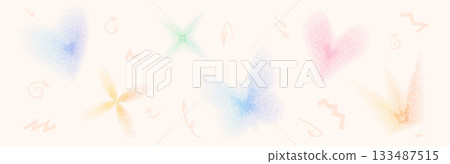 Dotwork shade dissolved geometric shapes with grain noise gradient. Y2k stippling crown forms set. Butterfly, flower, heart, star icons on beige background. Vector pastel illustration isolated Dotwork shade dissolved geometric shapes with grain noise gradient. Y2k stippling crown forms set. Butterfly, flower, heart, star icons on beige background. Vector pastel illustration isolated 133487515