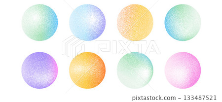 Grain iridescent noise vintage round forms set. Grunge dotwork gradient circles. Orange, green, purple geometric shapes of dots texture. Circular sand diffuse callouts. Vector halftone illustration Grain iridescent noise vintage round forms set. Grunge dotwork gradient circles. Orange, green, purple geometric shapes of dots texture. Circular sand diffuse callouts. Vector halftone illustration 133487521