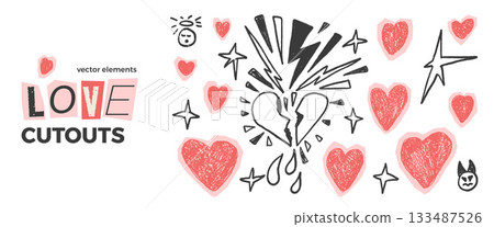 Love cutouts collage set. Hearts pieces with crayon texture for love or scrapbook design. Sticker icons with broken heart shape for valentine. Love, star, lightning and devil cut element for craft 133487526