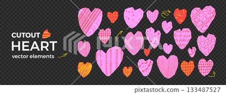 Scribble hearts paper cutout collage. Red and pink vivid zine pieces for love and scrapbook design. Torn hearts stickers isolated. Cut icon irregular shapes. Scraps for valentine, craft vector project 133487527