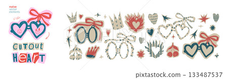 Love symbols collage stickers. Heart cutout with crayon texture patterns. Scrapbook romantic couple sign shape. Vector Valentine craft retro tags with hand drawn devil and angel illustration isolated 133487537