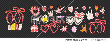 Collage romantic cutout scribbles elements. Heart pair lockets. Hand drawn texture fire heart, collage paper cut outs crown, cherry star set. Scrapbook love signs. Vector bachelorette red illustration 133487538
