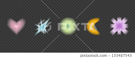 Grain gradient heart, star shapes. Noise gradation dotted circle, moon figures. Grainy elements in trendy Y2K with halftone effects and vibrant geometric icon designs. Vector sand form isolated no bg 133487543