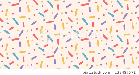 Seamless pattern confetti, donut sprinkles. Baby candy, cake topping for a birthday background. Vector playful design for party themes, bakery packaging or baby shower projects with pastel colors 133487571