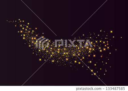 Magic gold dust element. Golden blinks and glitter swoosh with disappearing tail. Shimmer spray effect for celebration. Shiny confetti, stardust light powder line texture. Vector illustration Magic gold dust element. Golden blinks and glitter swoosh with disappearing tail. Shimmer spray effect for celebration. Shiny confetti, stardust light powder line texture. Vector illustration 133487585