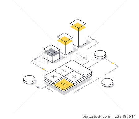 financial scene where a calculator, charts, and coins highlight calculations and analytics in a modern workspace financial scene where a calculator, charts, and coins highlight calculations and analytics in a modern workspace 133487614