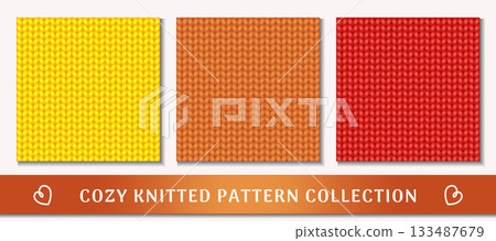 Cozy Knitted Pattern Collection. Vibrant knitted patterns in yellow, orange, and red tones. Realistic accurate knitted fabric texture. Perfect for textiles, backgrounds, and creative designs. Vector 133487679
