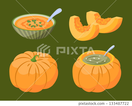 Cartoon Color Pumpkin Spice Seasonal Product Soup Set Menu Restaurant Concept Flat Design Style. Vector illustration Cartoon Color Pumpkin Spice Seasonal Product Soup Set Menu Restaurant Concept Flat Design Style. Vector illustration 133487722