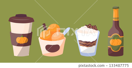 Cartoon Color Pumpkin Spice Seasonal Product Set Include of Coffee and Ice Cream Concept Flat Design Style. Vector illustration Cartoon Color Pumpkin Spice Seasonal Product Set Include of Coffee and Ice Cream Concept Flat Design Style. Vector illustration 133487775
