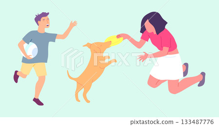 Cartoon Color Characters Boy and Girl Play with a Dog Concept Flat Design Style . Vector illustration Cartoon Color Characters Boy and Girl Play with a Dog Concept Flat Design Style . Vector illustration 133487776