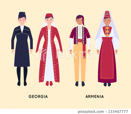 Cartoon Color Characters People Georgia and Armenia National Costumes Set from Different Countries Concept Flat Design Style. Vector illustration Cartoon Color Characters People Georgia and Armenia National Costumes Set from Different Countries Concept Flat Design Style. Vector illustration 133487777