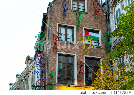 Brussels Belgium street House with bicycles on the facade. Brussels Belgium street House with bicycles on the facade. 133487839