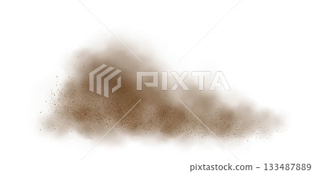 Dust of sand explosion with smoke cloud on transparent background. Desert sandstorm backdrop. Brown sandstorm splash with flying particles and wind effect. Abstract vector illustration 133487889