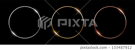 Gold, silver and bronze circle thin frames. Blank metal ring, button, stamp, emblem, sticker, label. First, second and third place medals isolated on black background. Abstract vector illustration set Gold, silver and bronze circle thin frames. Blank metal ring, button, stamp, emblem, sticker, label. First, second and third place medals isolated on black background. Abstract vector illustration set 133487912