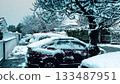 Fresh snow covering cars, trees, and a quiet residential street in Seyssins near Grenoble, showing rare early-winter weather conditions in November, France 133487951