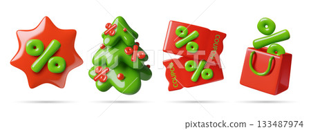 Christmas sale 3d icons shopping bag tree discount coupons and price sticker with percentage signs 133487974
