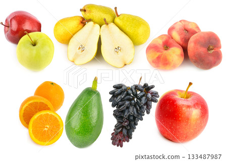 Healthy Fruit Variety Collage with Apples, Pears, Oranges, Avocado, and Grapes Healthy Fruit Variety Collage with Apples, Pears, Oranges, Avocado, and Grapes 133487987