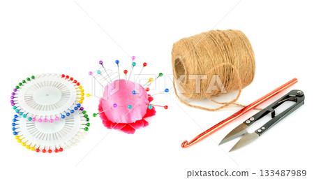 Sewing and Craft Tools: Pins, Twine, Crochet Hook, and Thread Snips 133487989