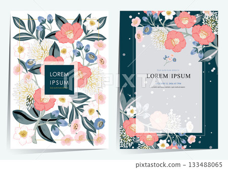 Vector Illustration Template Set of Winter Blooms Camellia, Plum Blossom, and Narcissus 133488065