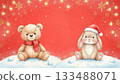 A cute teddy bear and bunny sit side by side on snowy hills in front of a bright red backdrop with glowing string lights and golden snowflakes, perfect for a warm, whimsical holiday greeting A cute teddy bear and bunny sit side by side on snowy hills in front of a bright red backdrop with glowing string lights and golden snowflakes, perfect for a warm, whimsical holiday greeting 133488071