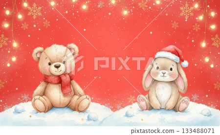 A cute teddy bear and bunny sit side by side on snowy hills in front of a bright red backdrop with glowing string lights and golden snowflakes, perfect for a warm, whimsical holiday greeting A cute teddy bear and bunny sit side by side on snowy hills in front of a bright red backdrop with glowing string lights and golden snowflakes, perfect for a warm, whimsical holiday greeting 133488071