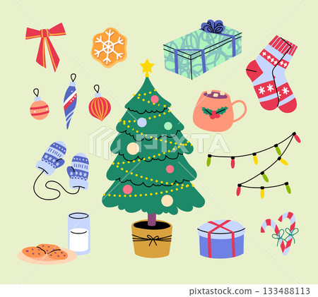Cartoon Color Christmas Tree with Winter Elements Set Holidays Celebration Concept Flat Design Style. Vector illustration 133488113