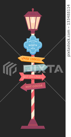 Cartoon Color Christmas Road Sign with Old Lamp Xmas or New Year Decoration Concept Flat Design Style. Vector illustration Cartoon Color Christmas Road Sign with Old Lamp Xmas or New Year Decoration Concept Flat Design Style. Vector illustration 133488114