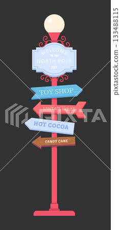 Cartoon Color Christmas Road Sign with Arrows Xmas or New Year Decoration Concept Flat Design Style. Vector illustration Cartoon Color Christmas Road Sign with Arrows Xmas or New Year Decoration Concept Flat Design Style. Vector illustration 133488115