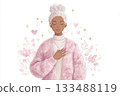 A confident woman with silver white hair stands with her hand over her heart, eyes closed, surrounded by soft floral and star motifs, celebrating self love, inner strength A confident woman with silver white hair stands with her hand over her heart, eyes closed, surrounded by soft floral and star motifs, celebrating self love, inner strength 133488119