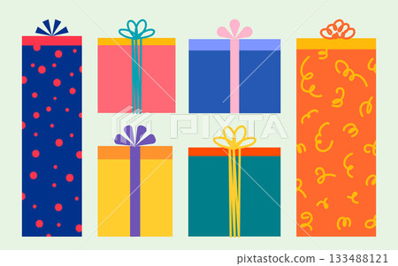 Cartoon Color Different Christmas Gift Boxes Set Side View Xmas Celebration Concept Flat Design Style. Vector illustration Cartoon Color Different Christmas Gift Boxes Set Side View Xmas Celebration Concept Flat Design Style. Vector illustration 133488121