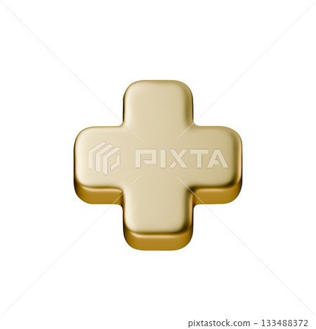 Golden 3D cross with soft highlights and metallic sheen. Minimal plus icon on white background, simple medical, interface and decorative element with realistic render Golden 3D cross with soft highlights and metallic sheen. Minimal plus icon on white background, simple medical, interface and decorative element with realistic render 133488372