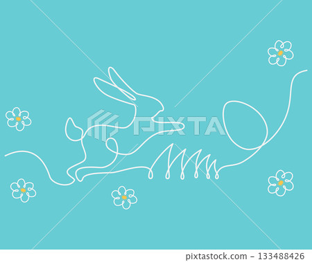 Rabbit jump on the lawn with daisy and Easter Egg in grass One Continuous line Design White on Blue. Isolated Vector illustration Easter Holiday or Spring Thematic Cards Banner, leaflets, labels, post 133488426