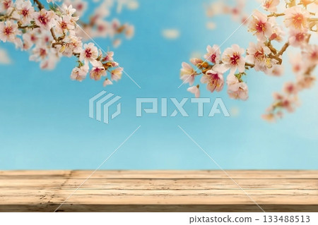 Wood table with cherry blossom branches and blue sky, spring background, Japanese Sakura for product display Wood table with cherry blossom branches and blue sky, spring background, Japanese Sakura for product display 133488513