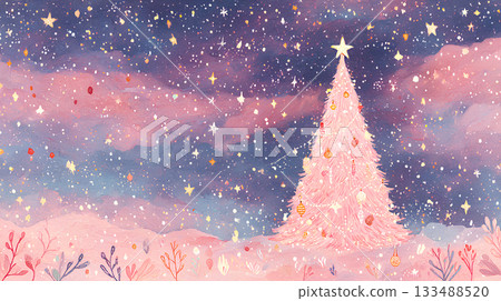 水彩插畫,描繪了繁星點點的夜空和粉紅色的聖誕樹 水彩插畫,描繪了繁星點點的夜空和粉紅色的聖誕樹 133488520