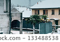 Palm trees and residential houses in Seyssins near Grenoble during active snowfall, showing an unusual winter weather scene with snow covering roofs and garden areas, France 133488538