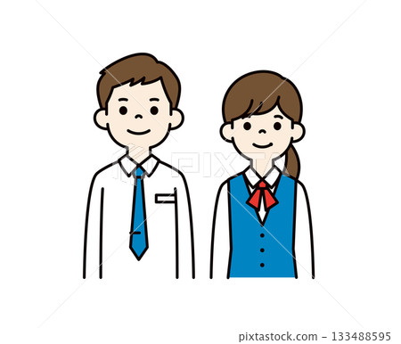 一套年輕男女上班族穿著制服和西裝的上半身向量插圖素材_彩色 133488595