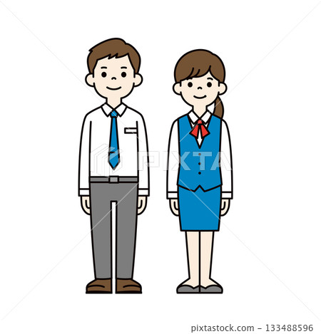 一套身著制服和西裝的年輕男女辦公室職員全身向量插圖(彩色)。 一套身著制服和西裝的年輕男女辦公室職員全身向量插圖(彩色)。 133488596