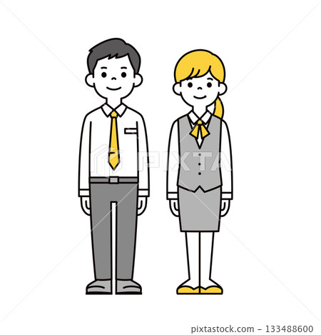 一套完整的向量插圖，描繪了身穿制服和西裝的年輕男女銀行職員、新員工和商務人士。 133488600