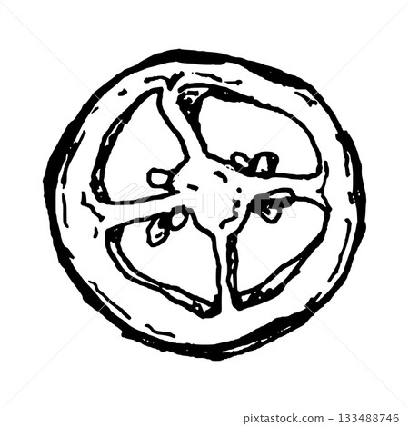 Black and white vector illustration of a chili pepper slice divided into four segments. Clear line art shows the seeds and shape, making it suitable for spicy ingredient sets and recipe graphics. 133488746