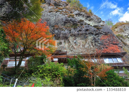 [Ehime Prefecture] Iwaya-ji Temple on a clear day and autumn leaves 133488810