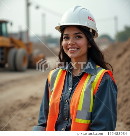 Bright smile of a construction worker at a busy site Generative AI Bright smile of a construction worker at a busy site Generative AI 133488984