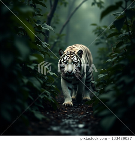White Tiger prowls through Forest Clearing at Dusk Generative AI 133489027