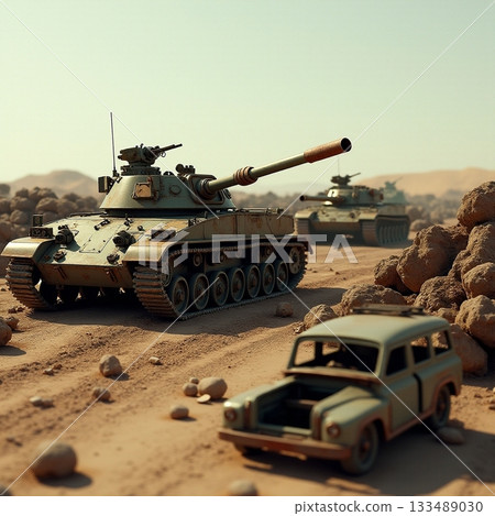 Military tanks navigate rocky terrain in an arid landscape Generative AI 133489030