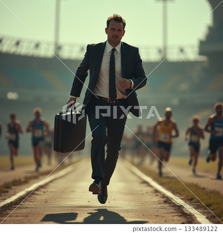 Businessman races against runners on a track during evening Generative AI Businessman races against runners on a track during evening Generative AI 133489122