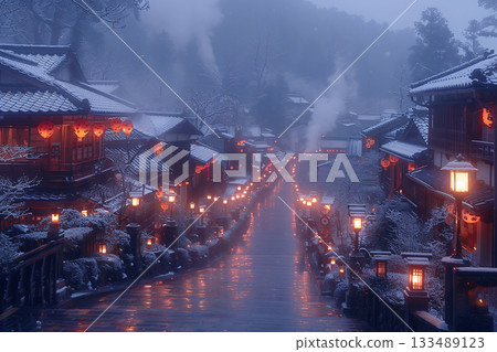 Traditional streetscape on a snowy night 133489123