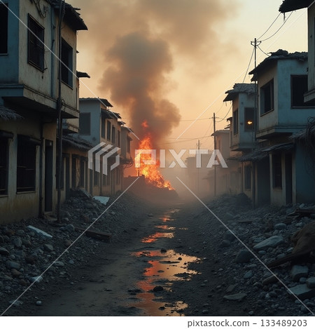 Destruction and chaos unfold in a forgotten town at dusk Generative AI 133489203