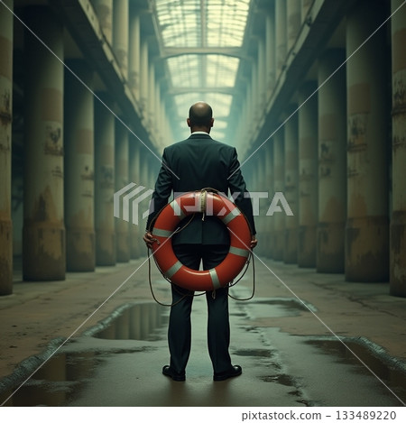 Man in suit holds lifebuoy in dimly lit corridor Generative AI Man in suit holds lifebuoy in dimly lit corridor Generative AI 133489220