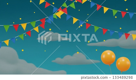 Fun party background with colorful flags and balloons floating in the night sky 133489298