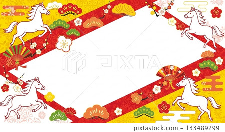 A red and yellow background frame with a Japanese-style horse silhouette and New Year's decorations A red and yellow background frame with a Japanese-style horse silhouette and New Year's decorations 133489299
